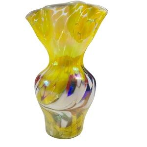 Aurene Rainbow AOWL Art Glass Vase Yellow 8” Height 5” Wide Made In Poland